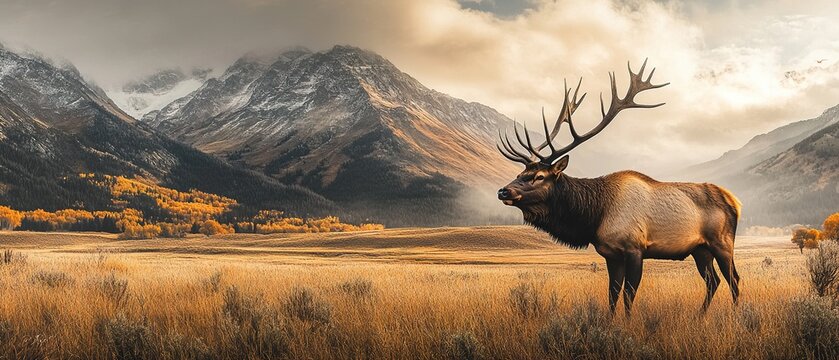 Elk in the misty mountains during early morning