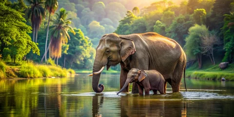 Poster de jardin  A majestic mother elephant gently guides her playful calf through a tranquil lake surrounded by lush green forest, exuding warmth and maternal love.  © Four888