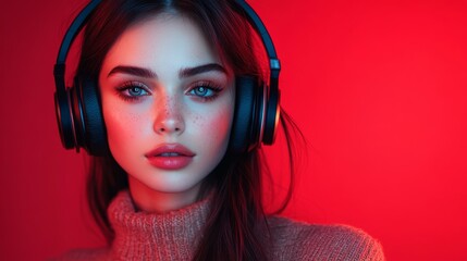 Young Woman with Headphones Against Red Background