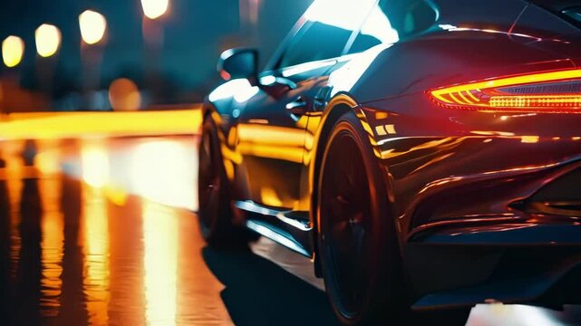 Sleek black sports car speeds through the city at night, leaving a trail of bright orange light. The vibrant orange lights and blurred background create a dynamic, high speed atmosphere