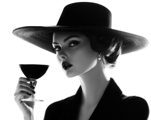 Elegant silhouette of a woman in a wide-brim hat holding a cocktail glass, exuding sophistication and mystery. transparent background