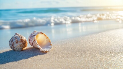 seashells on Sandy Beach / seashore, beach holiday Vacation background with generative ai