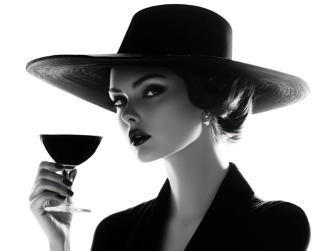 Elegant silhouette of a woman in a wide-brim hat holding a cocktail glass, exuding sophistication and mystery. transparent background