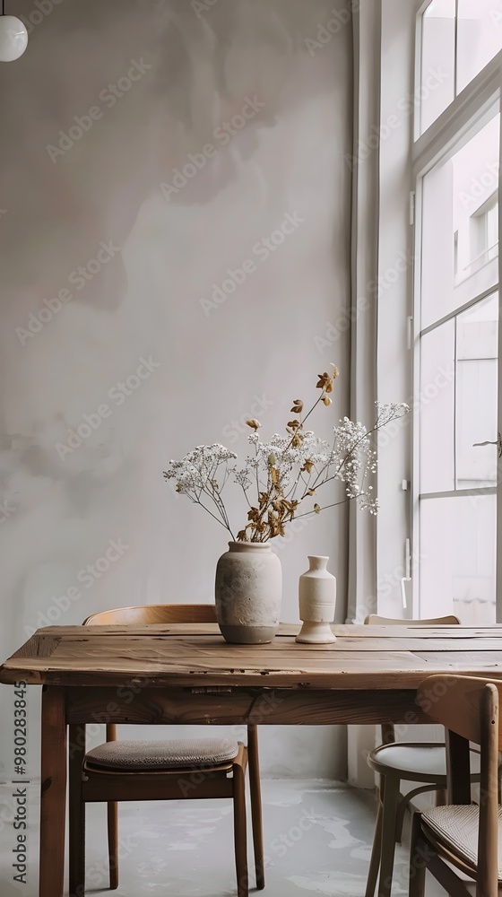 Poster minimalist dining area with wooden table and simple centerpiece emphasizing functionality and style