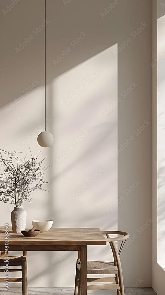 Poster minimalist dining area with wooden table and simplistic decor highlighting functionality and style