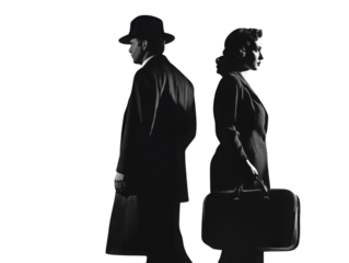 Stylish man and woman in vintage attire, embodying classic elegance and mystery from a bygone era. transparent background