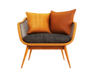 Stylish modern chair with textured cushions in warm hues, perfect for contemporary living spaces and interior design inspirations. transparent background