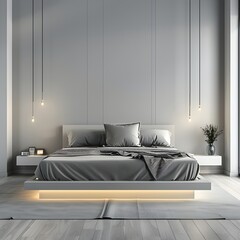 Minimalist Floating Bed and Sleek Nightstands in Monochromatic Bedroom for Relaxation and Tranquility