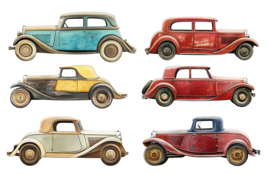 Vintage cars in various colors showcasing classic automotive design from the early 20th century. transparent background