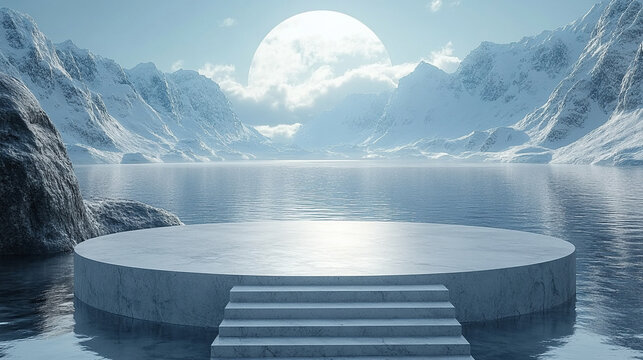 Minimalistic 3D podium mock-up set against a snow-themed landscape. The blank stage suggests endless possibilities, while the snow adds a serene, peaceful ambiance