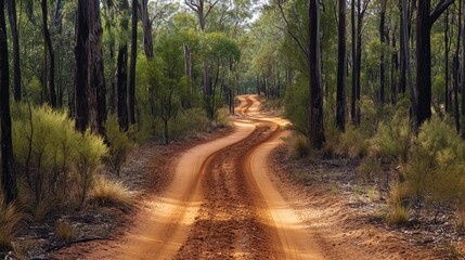 Fototapeta premium A bush track of sandy soil meanders through the outback forest, framed by tall trees and rugged wilderness