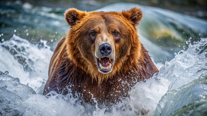 Fototapeta premium Furious grizzly bear charges through rushing river water, eyes fixed, jaws open, muscles rippling beneath wet fur, in a fierce and intimidating display of wild power.