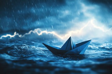 Small Brave Paper Boat In Stormy Ocean With Sharks And Lightning - Risk/Courage Concept with generative ai
