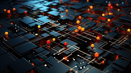 Intricate digital network of glowing orbs against a dark background.