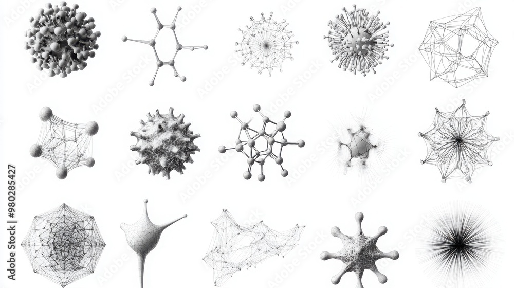 Poster a captivating collection of abstract molecular structures in monochrome, showcasing intricate patter