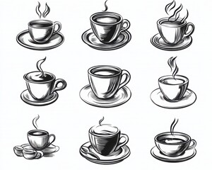 A collection of artistic sketches depicting various cups of steaming coffee, perfect for beverage-themed designs.