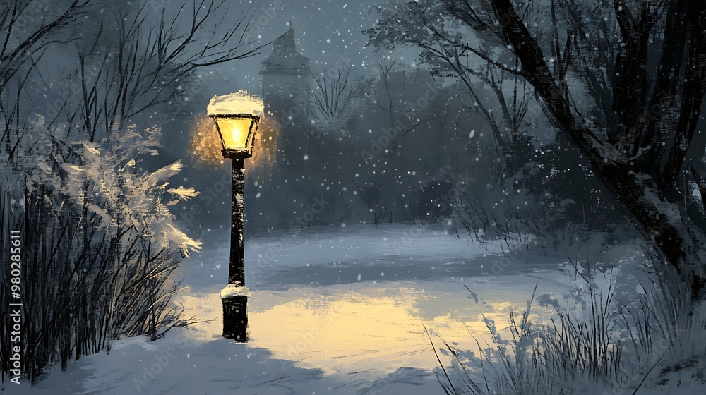 Poster a single lamp post stands illuminated in a snowy park with falling snow in the background.
