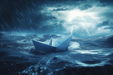 Obraz premium Small Brave Paper Boat In Stormy Ocean With Sharks And Lightning - Risk/Courage Concept with generative ai