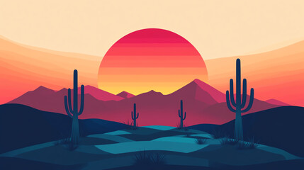 Cactus silhouettes with bold sunset gradients in an abstract vector background, dynamic shapes and rich desert tones, modern and vibrant design