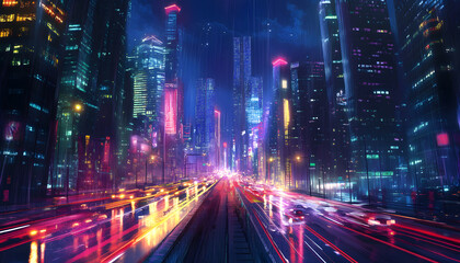 Obraz premium A bustling city at night, with skyscrapers illuminated and traffic creating streaks of light