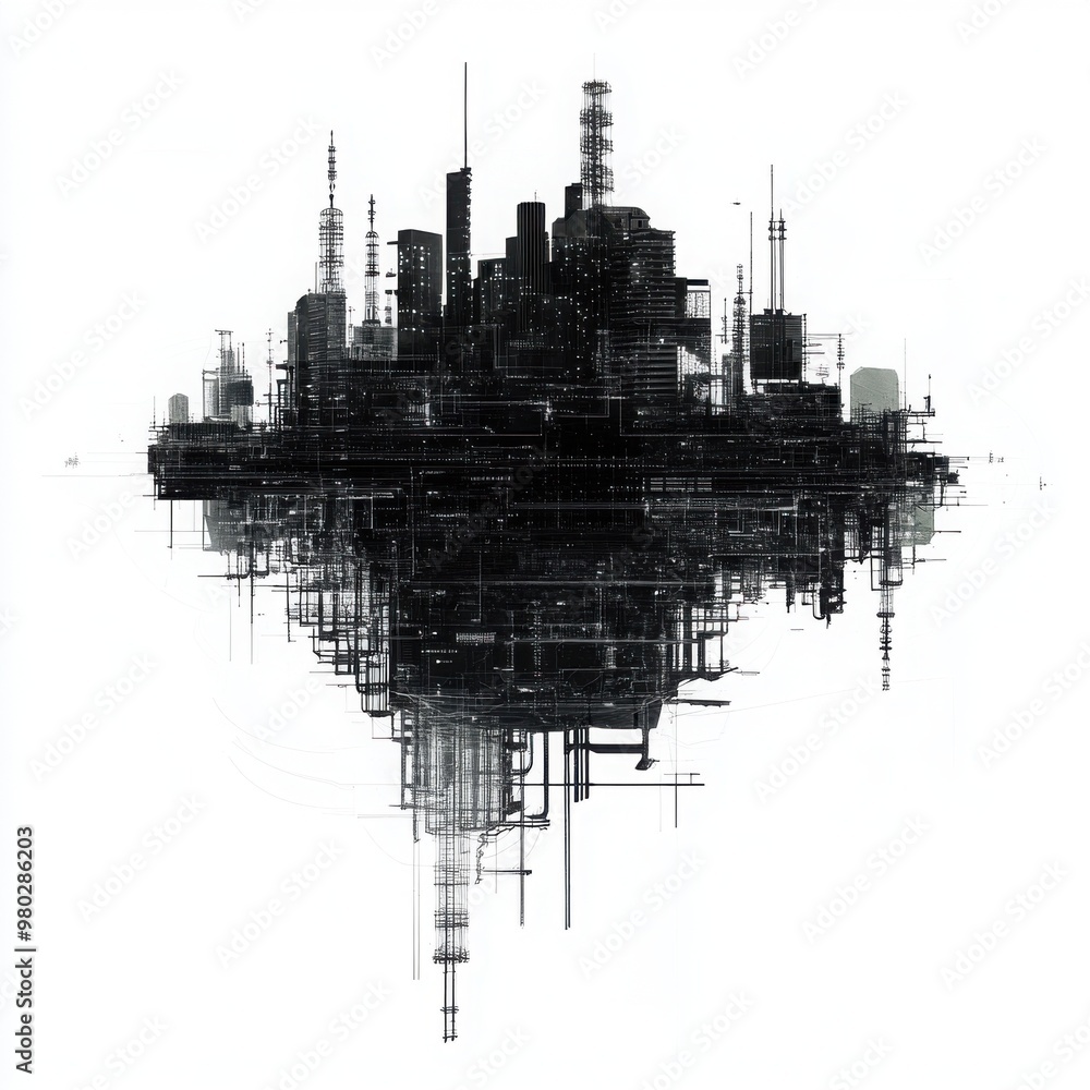 Poster abstract representation of a futuristic city skyline with intricate lines and structures, conveying 