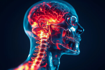  man's head is shown with a red light on it. The head is surrounded by a blue background