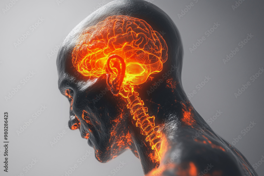 Poster man's head is on fire, with a skull and brain visible. the image is a representation of the brain an