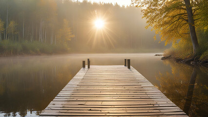 Forest lake at sunrise. Wooden pier Soft sunlight, mist, reflections on water. Idyllic autumn landscape background,