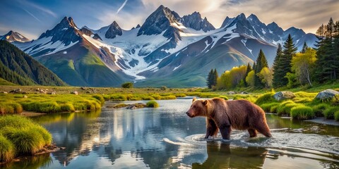Majestic brown bear roams freely along serene mountain river, surrounded by stunning snow-capped peaks, seeking sustenance in the untouched wilderness near a tranquil pond.
