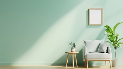 Modern interior design featuring a light green wall, cozy sofa, and vibrant plant, perfect for home decor inspiration.
