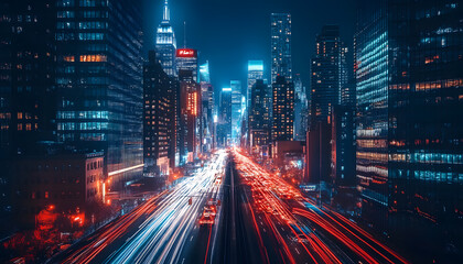 Fototapeta premium A bustling city at night, with skyscrapers illuminated and traffic creating streaks of light