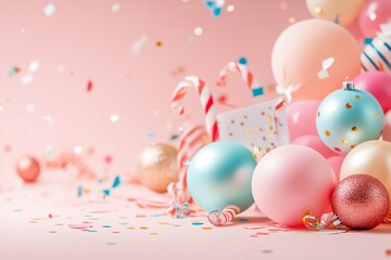Happy New Year banner template. Flat lay composition with holiday cards, ornaments, and colorful confetti on a pastel pink background. Top view with copy space