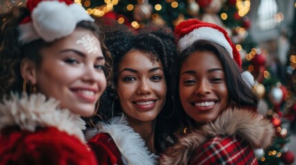 happy merry Christmas party. Group of friends dress in Santa Claus costume at Christmas celebration party and New year eve.