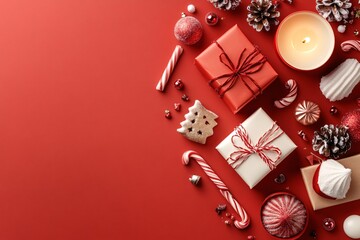 Happy Christmas banner template. Flat lay composition with wrapped gifts, sweet treats, and candles on a deep red background. Top view with copy space