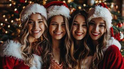 happy merry Christmas party. Group of friends dress in Santa Claus costume at Christmas celebration party and New year eve.