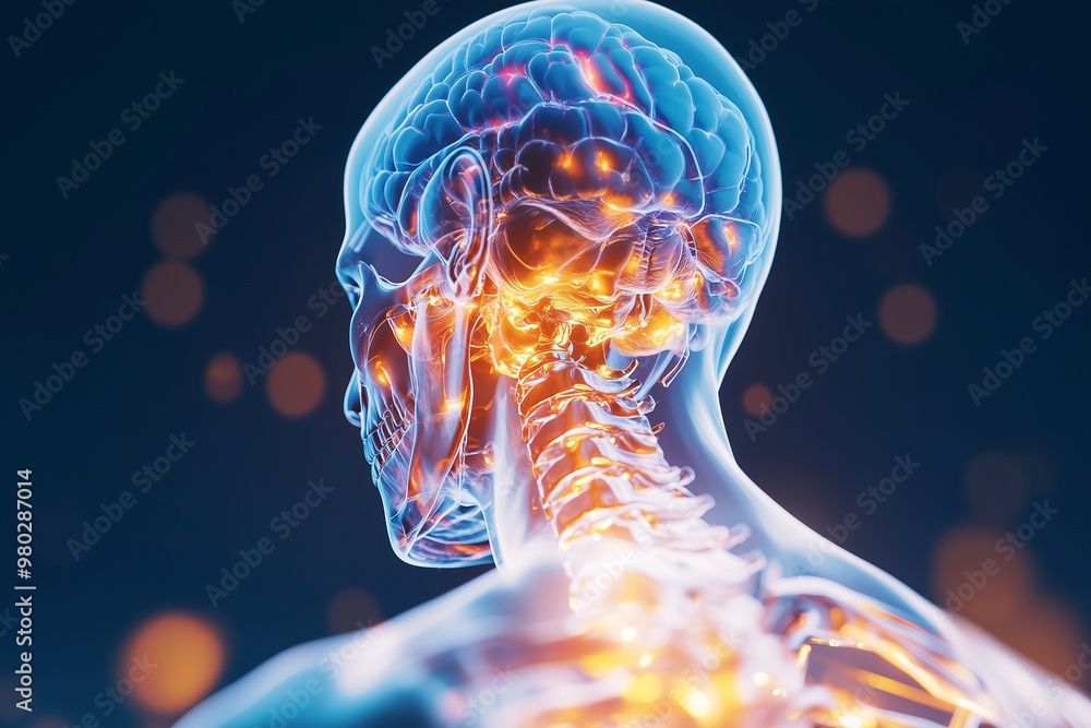 Poster man's head is on fire, with a skull and brain visible. the image is a representation of the brain an