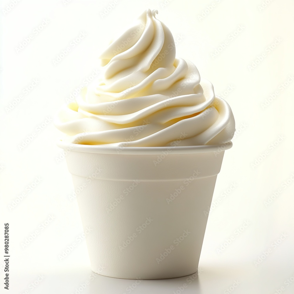 Wall mural swirling soft serve vanilla ice cream in a white cup on a light background