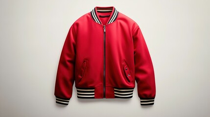 Red varsity jacket with striped collar and cuffs displayed on a plain backdrop