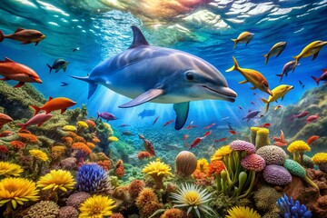 Fototapeta premium Vibrant blue dolphin swims amidst a kaleidoscope of marine life, surrounded by schools of fish, coral, and seaweed in a crystal-clear ocean setting.