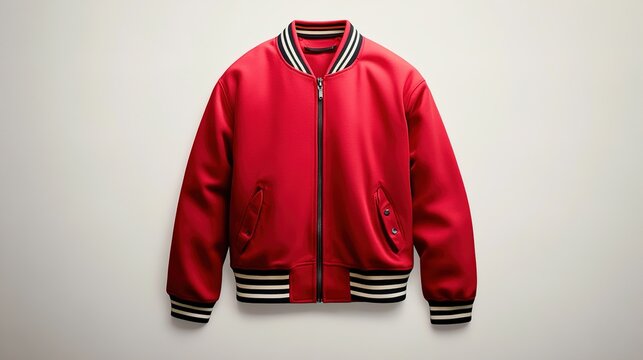 Red varsity jacket with striped collar and cuffs displayed on a plain backdrop