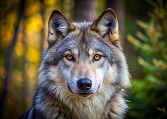 Fototapeta premium Majestic gray and white wolf with a black nose and piercing yellow eyes stands calmly in a forest, gazing directly at the camera with a neutral face.