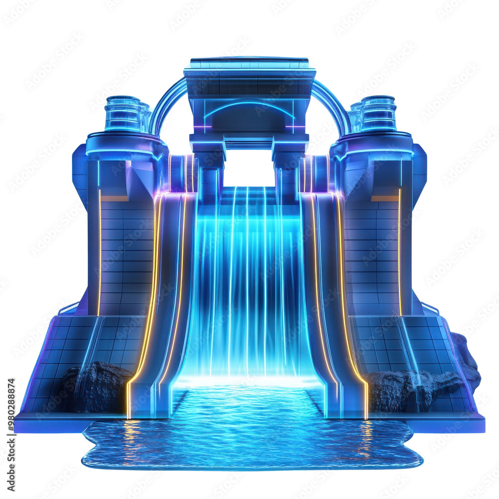 Poster a stunning digital waterfall cascading through futuristic architecture with vibrant neon lights, cre