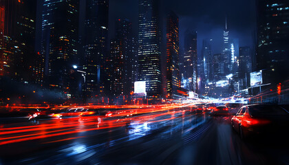 Obraz premium A bustling city at night, with skyscrapers illuminated and traffic creating streaks of light