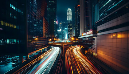 Obraz premium A bustling city at night, with skyscrapers illuminated and traffic creating streaks of light