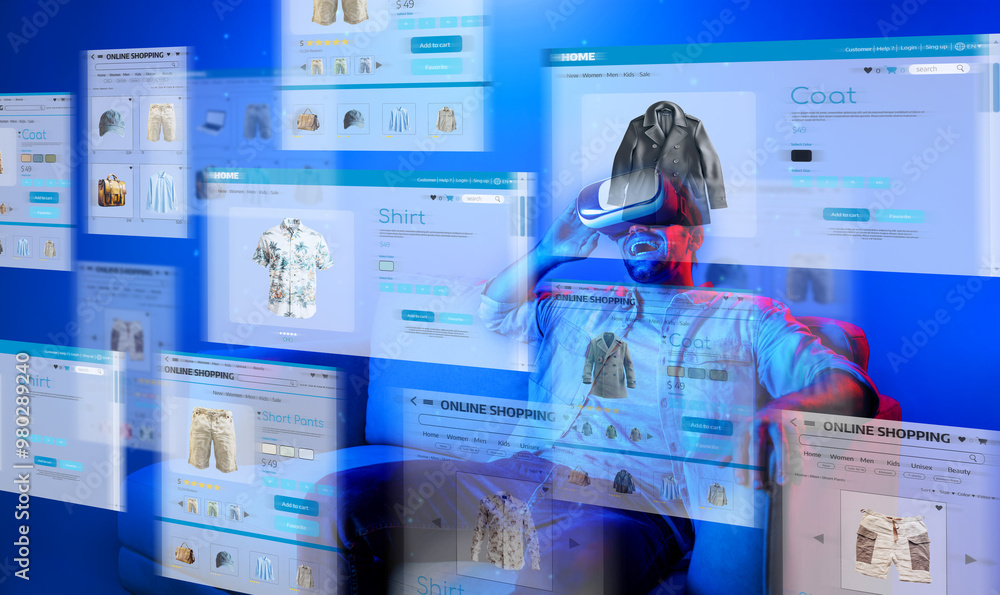 Poster caucasian man choosing and selecting product for shopping list while wearing visual reality goggles.