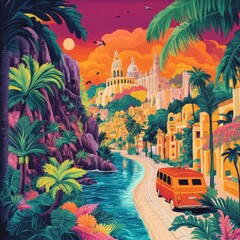 Obraz premium Vintage Van Driving Through Tropical Cityscape with Sunset Sky and Palm Trees