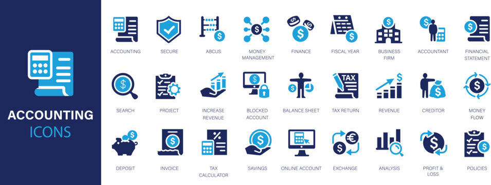Accounting related flat icons set. Invoice, tax calculator, accountant, business firm, tax return and more. 