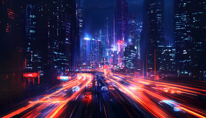 Obraz premium A bustling city at night, with skyscrapers illuminated and traffic creating streaks of light