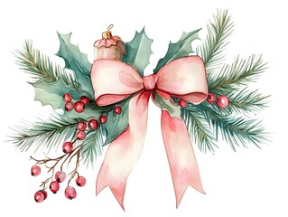 Watercolor Christmas illustration with a pink bow, holly, and evergreen branches.