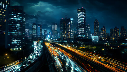 Fototapeta premium A bustling city at night, with skyscrapers illuminated and traffic creating streaks of light